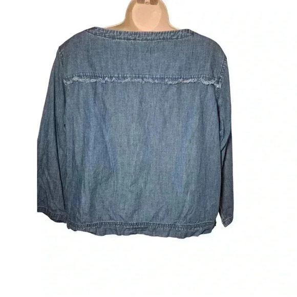 MADEWELL Denim Herald Tee Chambray Frayed Trim Blouse Blue Cotton Size L - Picture 4 of 10